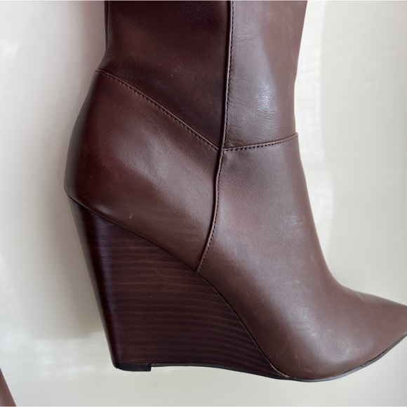 Nine West Sz 7 Varin Wide Calf Brown Leather Wood Wedge Knee High Boots - Picture 11 of 15